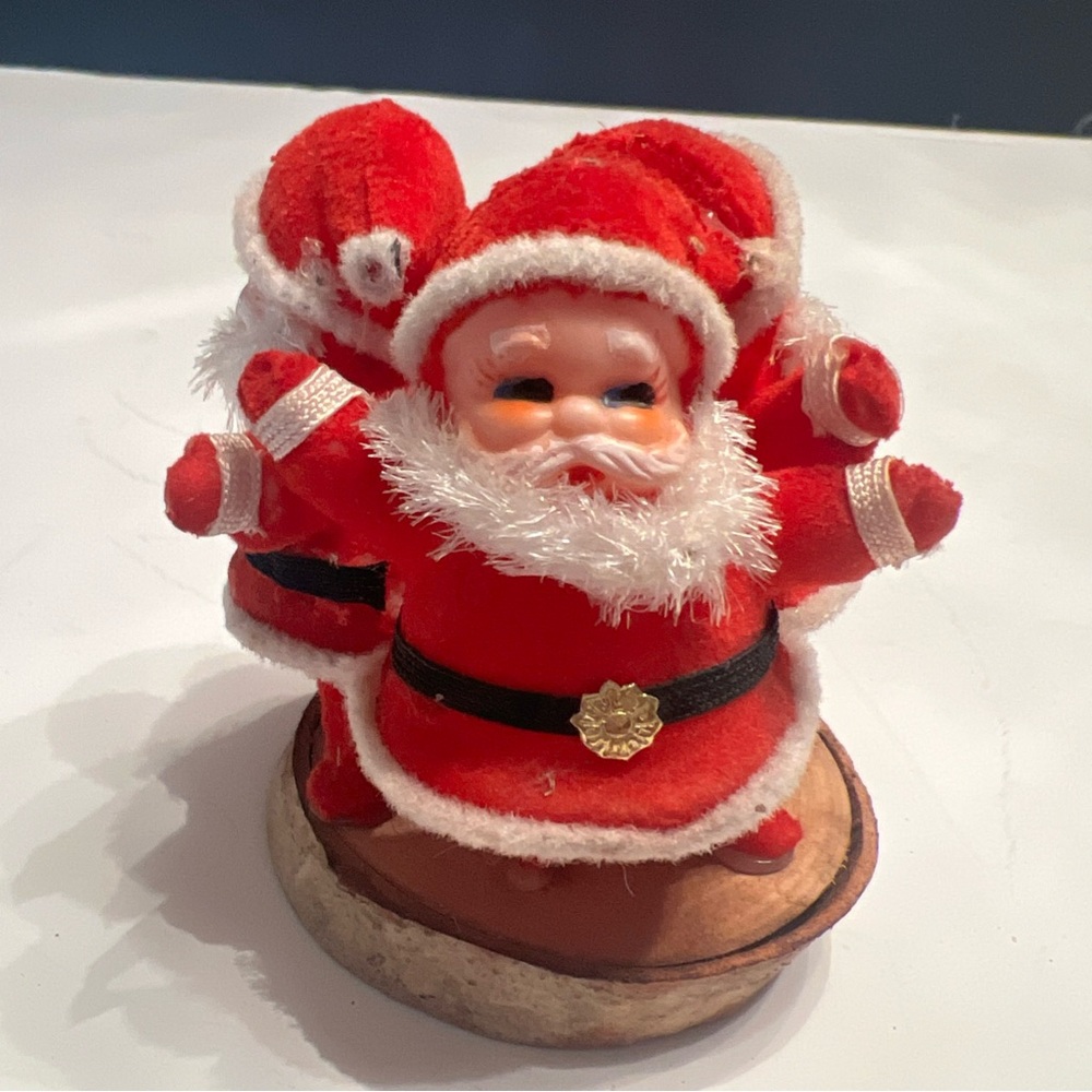 Vintage 3-1/2” Flocked Blow Mold Santas (3) On Wood Base
